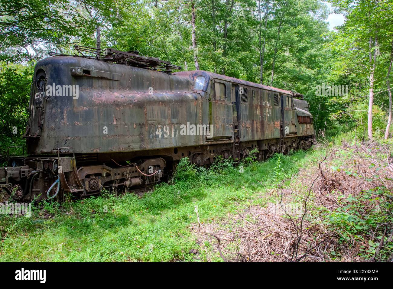 In Cooperstown Junction, New York, befindet sich eine Lokomotive der Electric Pennsylvania Railroad GG1, die auf einem Feld ruht und ihren rustikalen Vintage zeigt Stockfoto