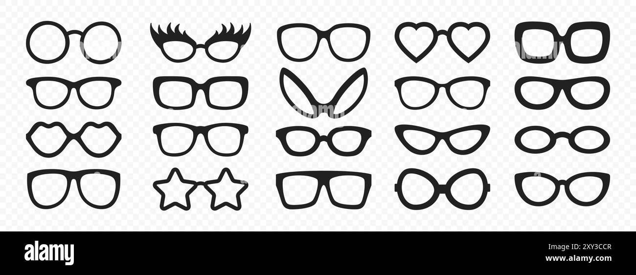 Vector Flat Frame Brille Symbolsatz. Sonnenbrillen, Vintage-Brillen, Gläser. Design-Vorlage für Optik und Brillen. Vektorabbildung. Abgewickelter Vektor Stock Vektor