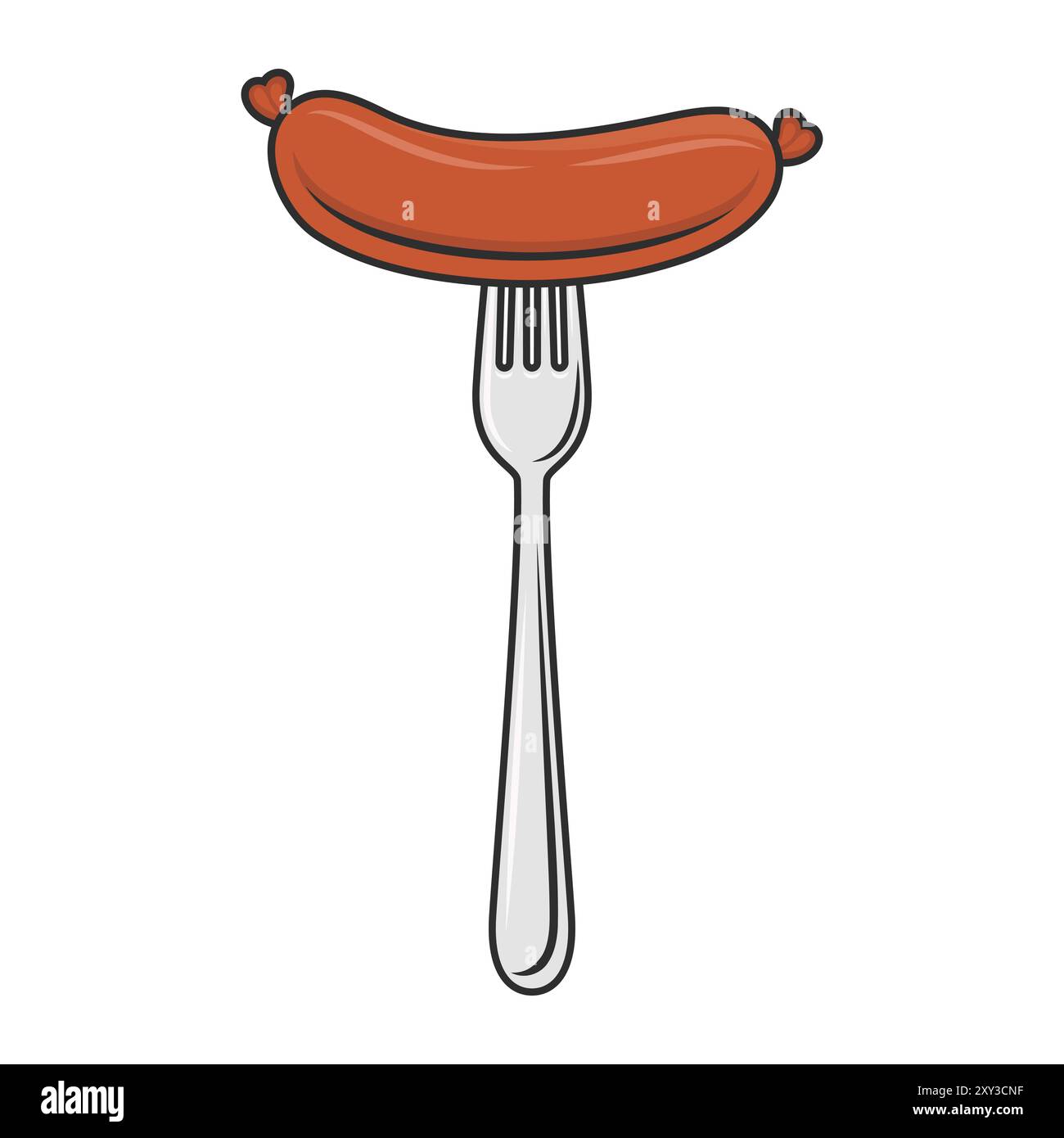 Flache Vektor-Cartoon-Wurst auf Gabel mit Umrissnaht isoliert auf weißem Hintergrund. Vektor-Lebensmittel-Illustration für Menü, Grill und kulinarisches Design Stock Vektor