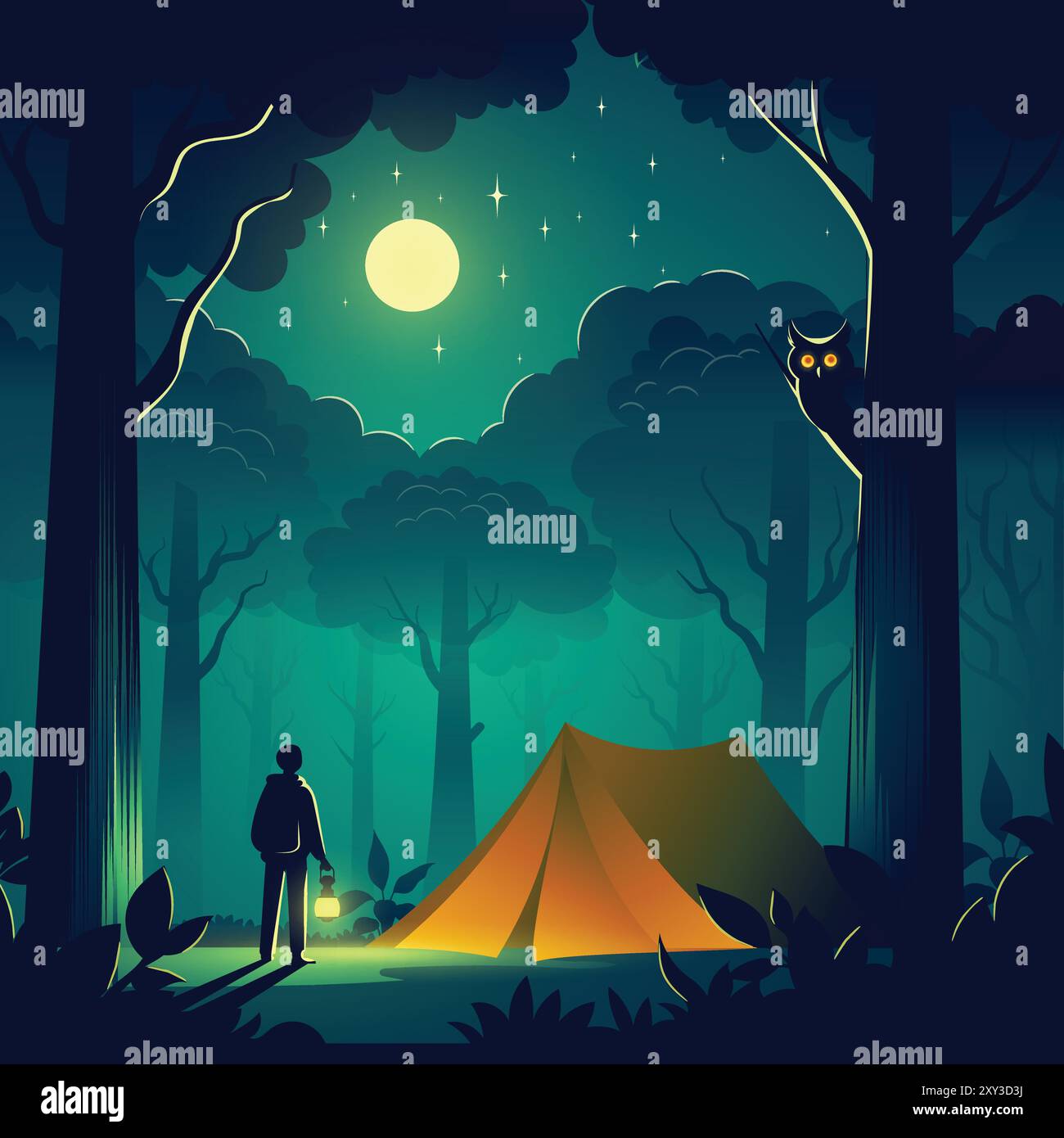 Solo Camping im Wald bei Nacht, gruselige und Horror Camp Vektor Illustration Stock Vektor