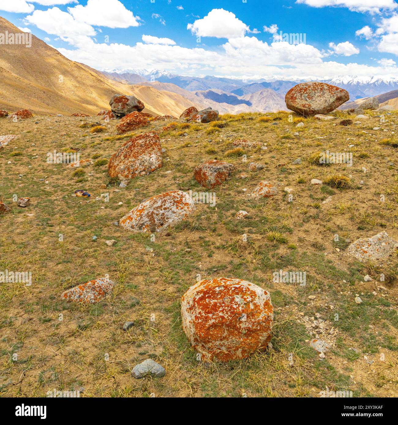 Wunderschöne Landschaft mit einem Felsen im Vordergrund und schneebedeckten Bergen von Warila, einem Höhenpass im Hintergrund bei Ladakh. Stockfoto