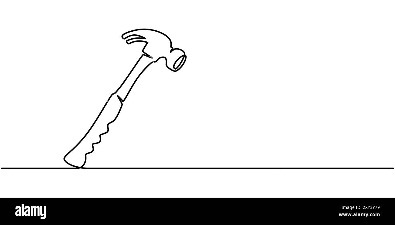 Kontinuierliches Ziehen eines Hammers in einer Linie. Vektor, Hammer Doodle Schwarz und weiß, kontinuierliche Einzeilenzeichnung der Internationalen Arbeitszeitlinie Stock Vektor