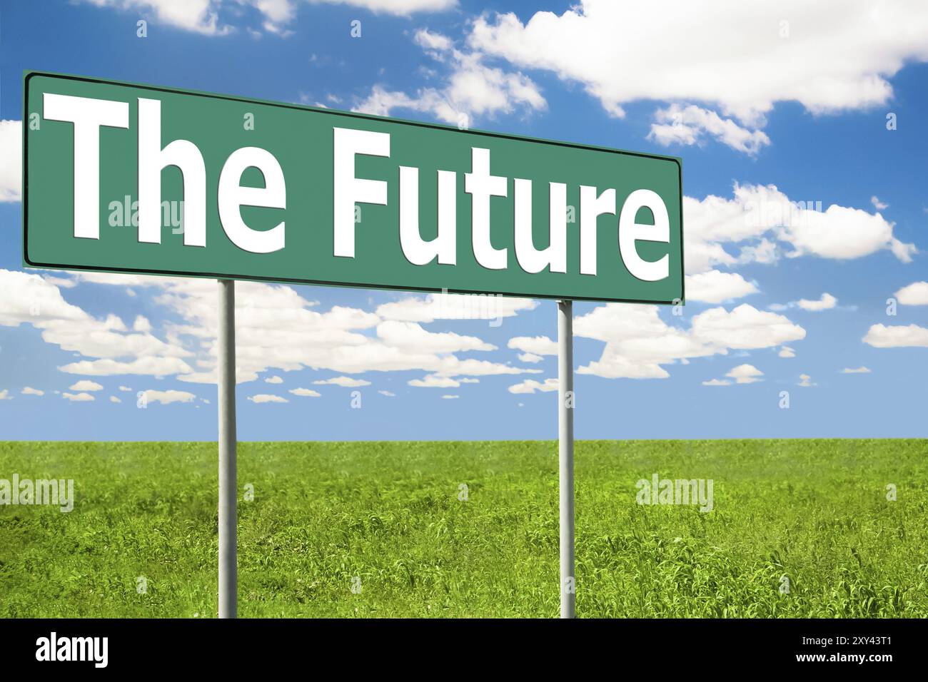 Zukünftiges Straßenschild. Blauer Himmel und Wolken Stockfoto