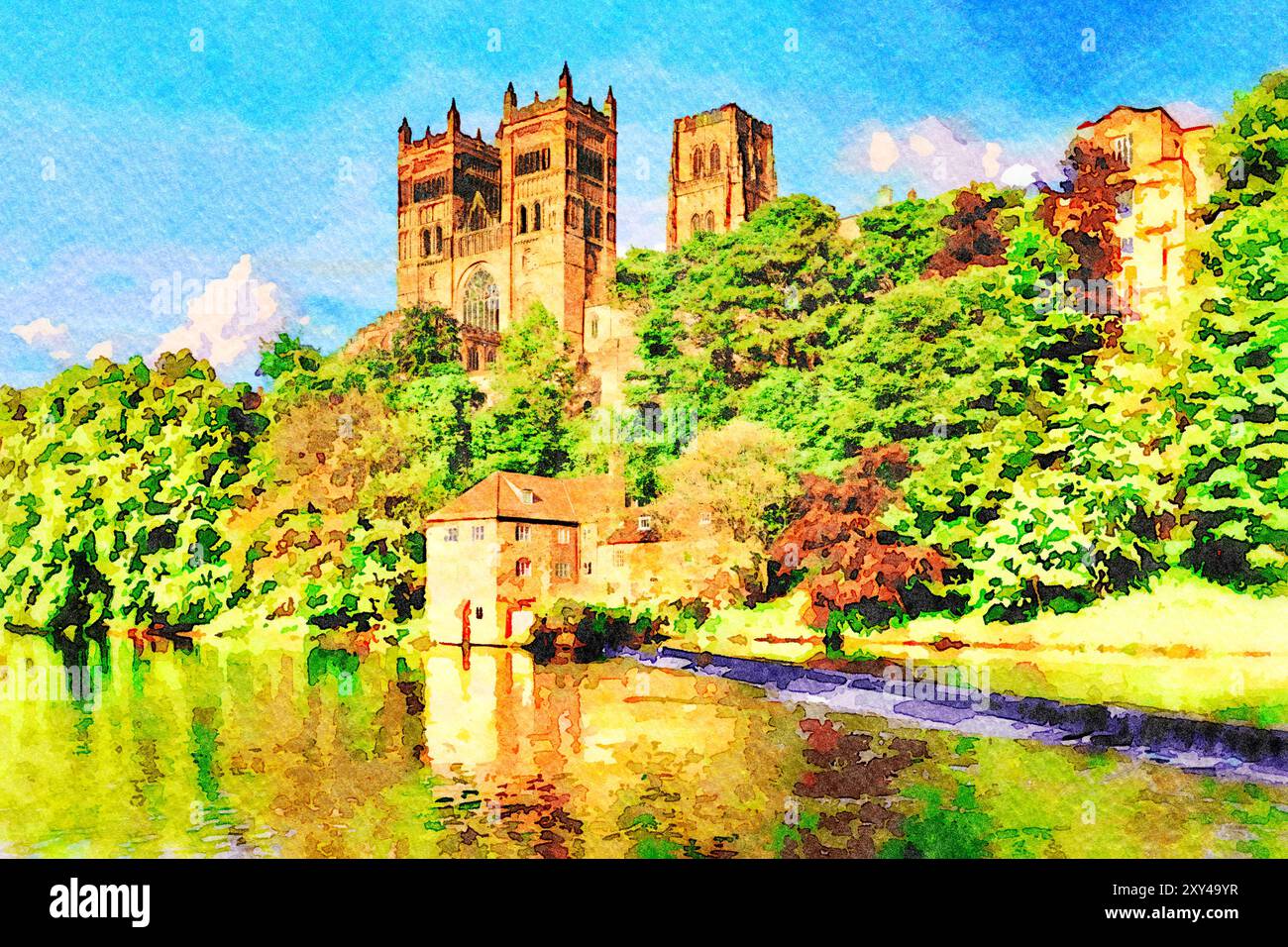 Durham Cathedral und Old Fulling Mill, am Ufer des Flusses Wear, an einem sonnigen Frühlingstag, County Durham, Großbritannien, Watercolor, Aquarell Stockfoto