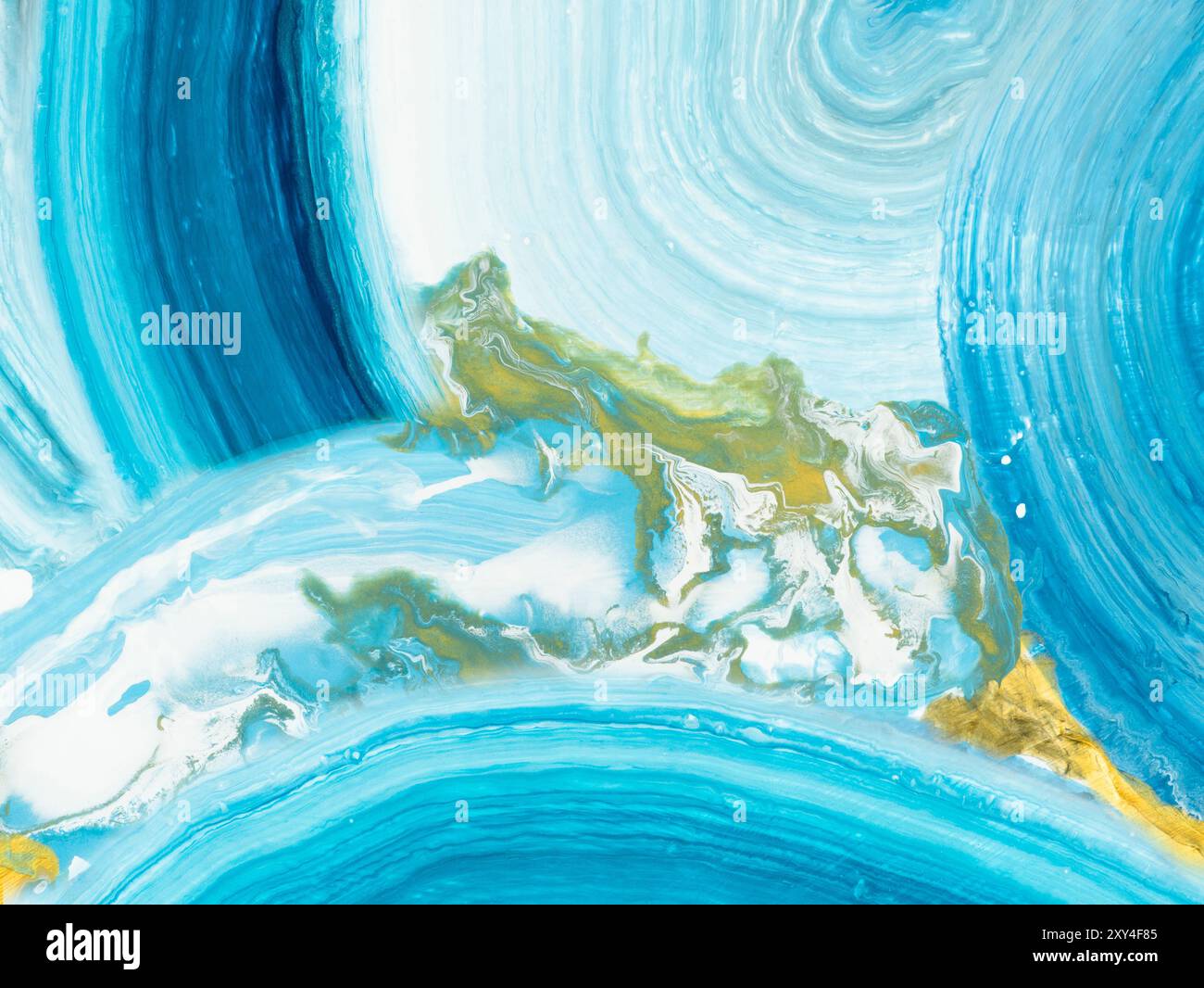 Abstrakte fantastische Kunstmalerei, blaue Streifen mit Gold, Pinselstruktur, kreativer handgemalter Hintergrund, Acrylmalerei. Moderne Kunst. Stockfoto