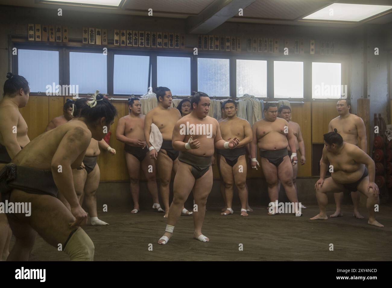 Tokio, Japan, 21. Dezember 2014: Japanisches Sumo-Ringertraining im asiatischen Ryogoku Stockfoto