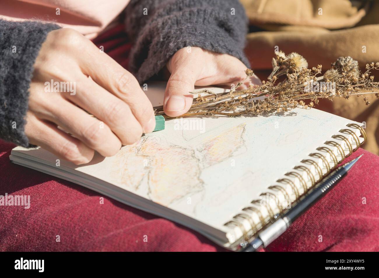 Nahaufnahme einer Hand Girl Artist malt in einem Notizbuch ein Pastell über die Natur in den Bergen. Freie Kreativität und Freiberufler Stockfoto