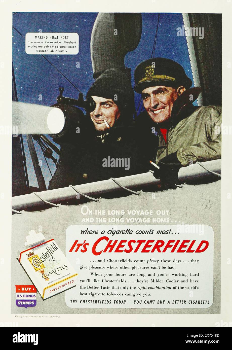 Auf der langen Reise nach draußen - Chesterfiled Cigarettes, Marines, 2. Weltkrieg, 1943 - Buy Bonds Stockfoto