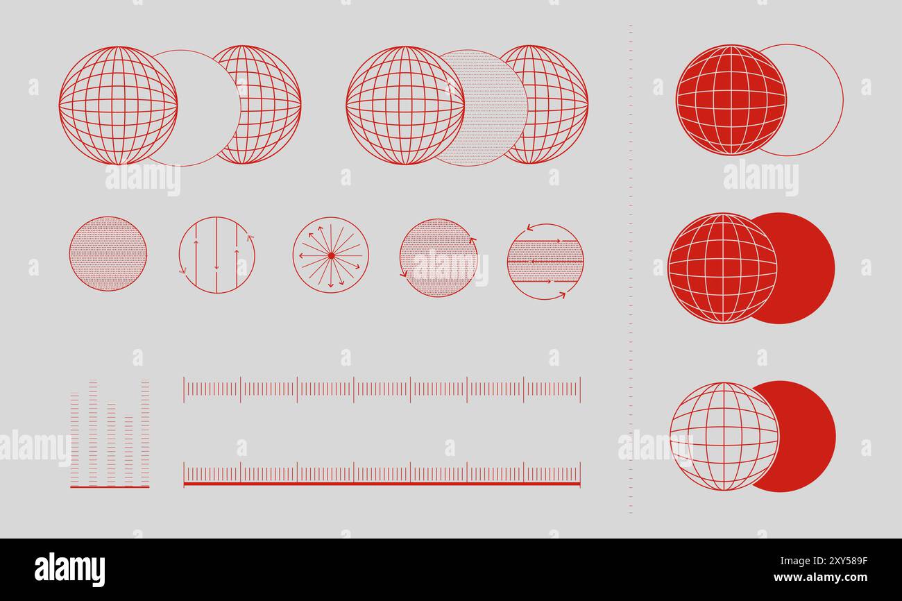 Sphärische Diagramme mit Feldlinien, magnetischen Dipolen oder Gravitationsfeldern um Himmelskörper, die die Kraftverteilung betonen. Stock Vektor