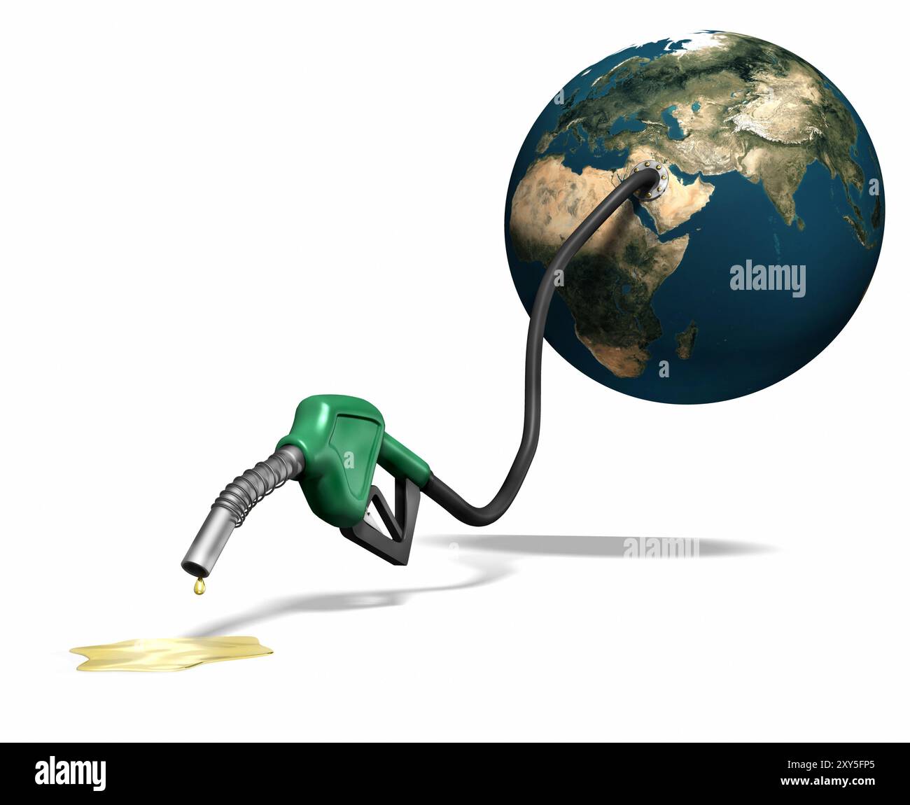 Die letzten Tropfen Benzin kommen aus einer Tankstelle, die mit der Erde verbunden ist. Isolierte Abbildung auf weißem Hintergrund Stockfoto