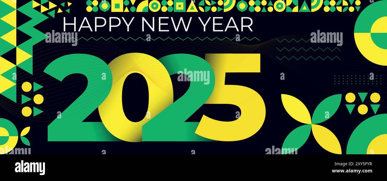 Happy New Year 2025 Typografie-Grußkartenbanner mit grünen und gelben geometrischen Mustern und Textdesign auf dunklem Hintergrund Stock Vektor