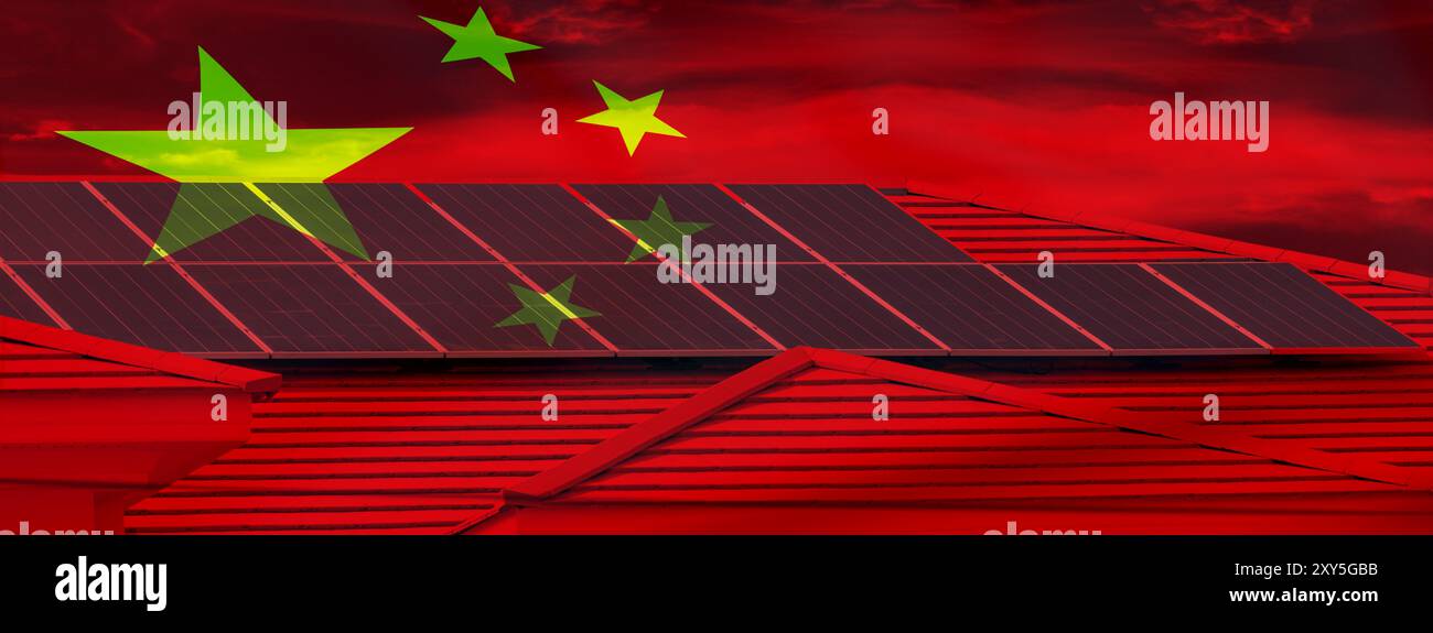 Solarpaneel-Krise in China. Probleme wie Überkapazitäten, Preiskriege und Handelsstreitigkeiten. Der Schwerpunkt liegt auf Unterbrechungen der Polysilizium-Lieferkette und dem im Stockfoto