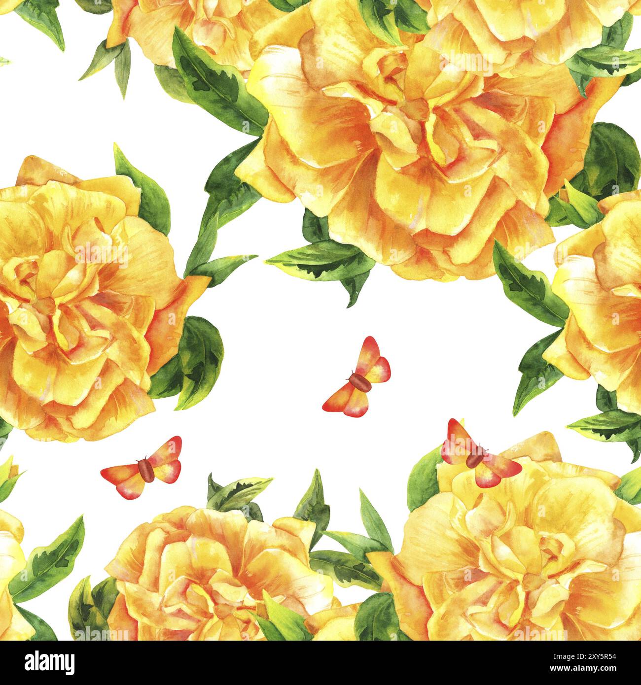 Eine nahtlose Muster mit einem Aquarell Zeichnung eines blühenden gelbe Rose mit grünen Zweige und Blätter, mit einem Schmetterling, Hand auf der Rückseite weiß lackiert Stockfoto