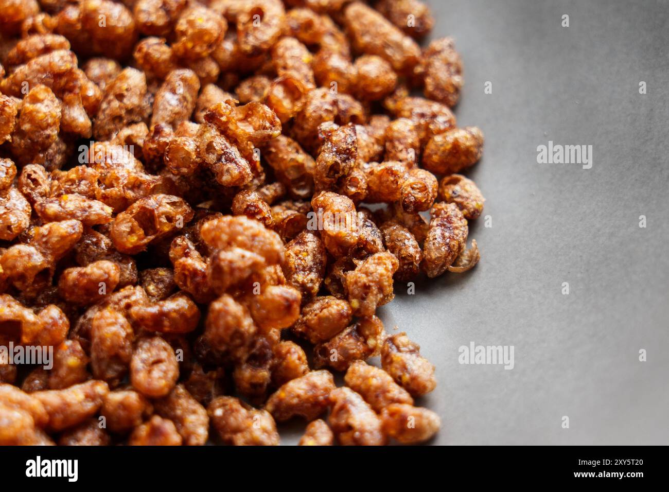 Schokolade knuspriger Reis Frühstück Müsliflocken verstreut auf einem schwarzen Teller Nahaufnahme Stockfoto