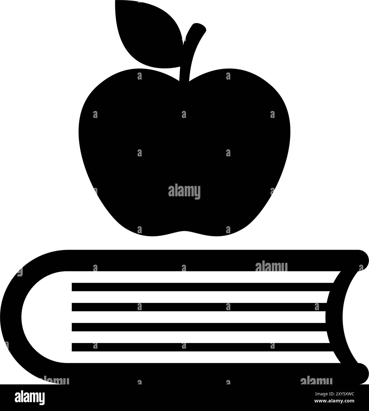Apple on Book, ein einfaches schwarz-weißes Vektorsymbol, das Bildung und Lernen symbolisiert. Stock Vektor