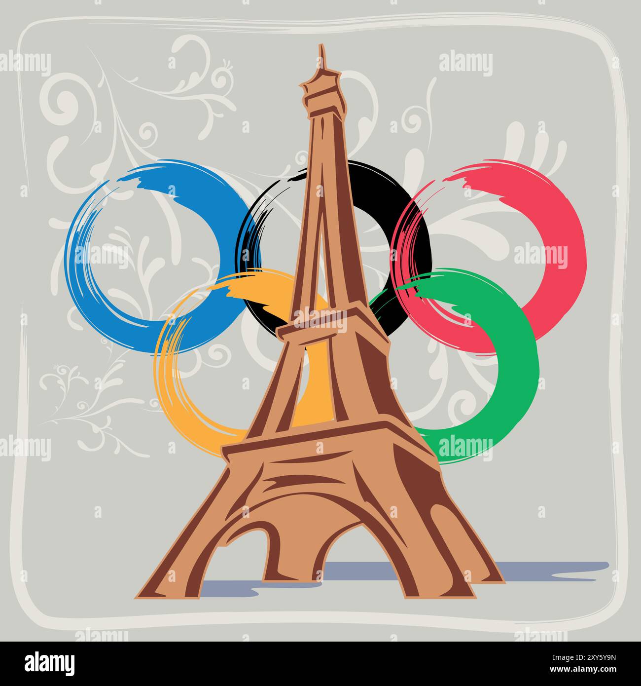 Illustration handgezeichneter Eiffelturm Paris Architektur historisches Gebäude mit Rahmen - Olympische Ringe, Logo der Olympischen Spiele - Paris Sommer 2024 Stock Vektor