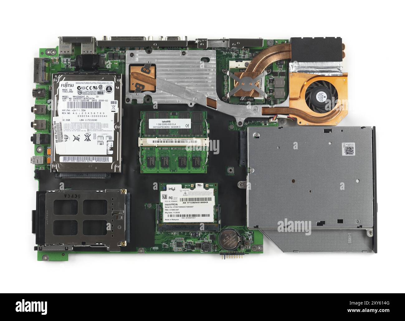 Laptop-Computer-Motherboard mit allen Harware installiert isolierten auf weißen Hintergrund Stockfoto