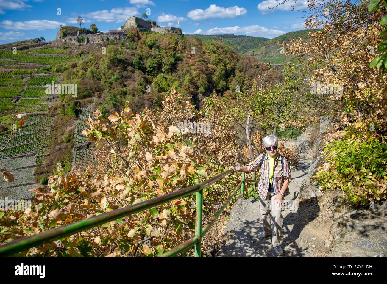 Seniorenwanderungen auf dem Rotweinpfad Stockfoto