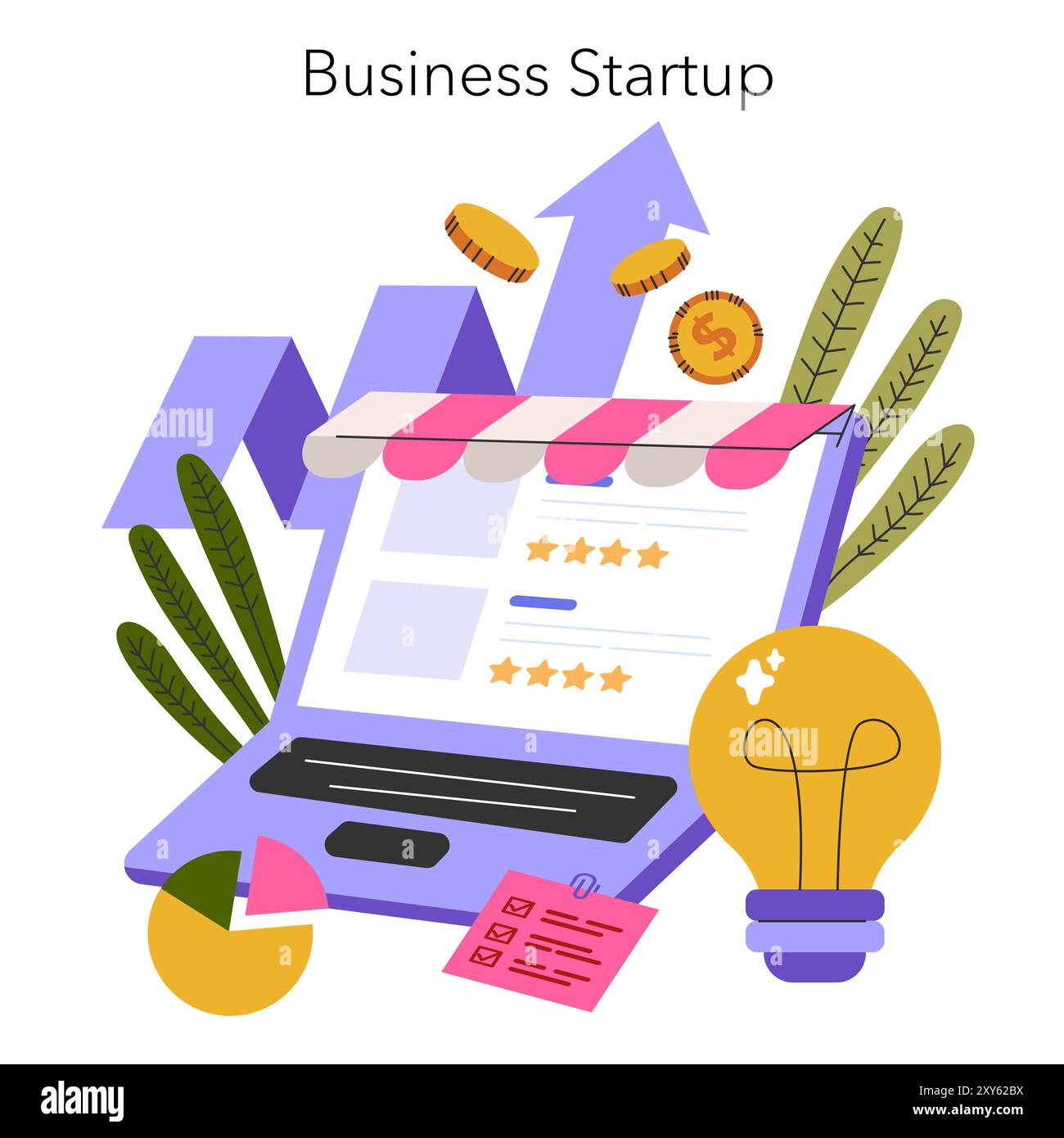 Startkonzept. Eine Illustration eines neuen Geschäftswachstums mit wichtigen Symbolen: Glühbirne aus Ideen, Pfeile nach oben und Notebook. Vektorabbildung. Stock Vektor