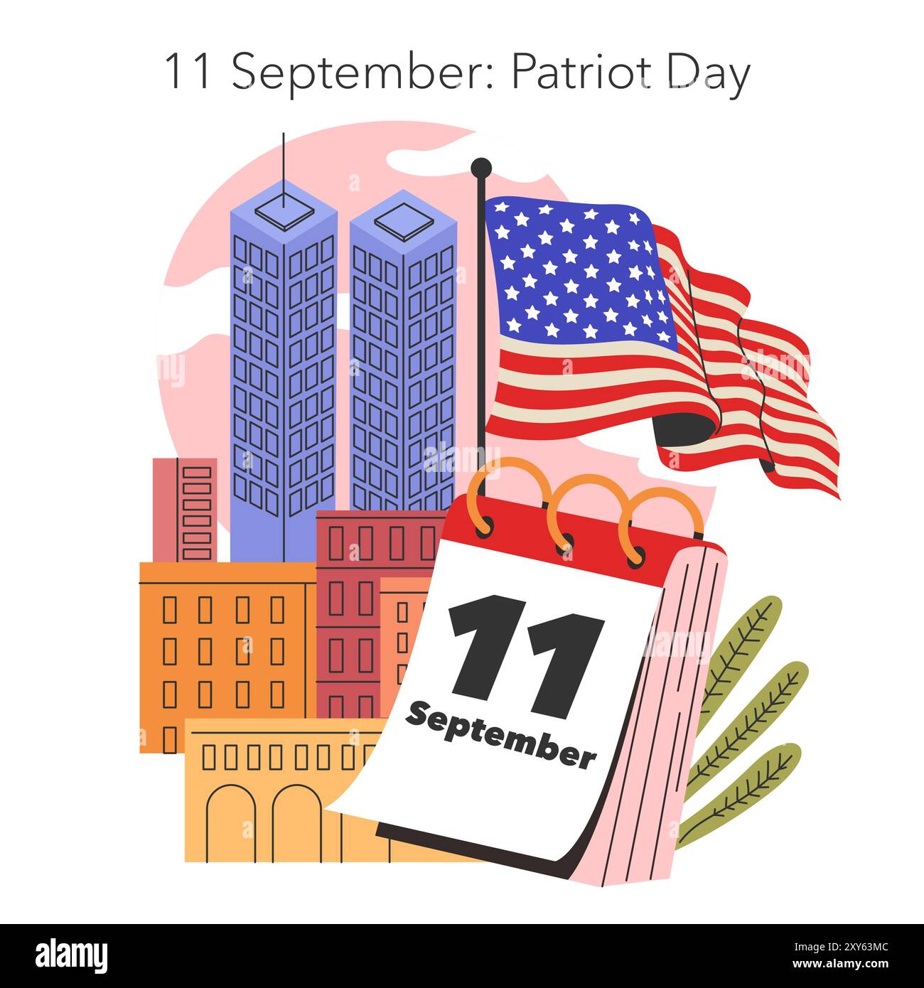 Illustration des Patriot Day. Zwei Türme und amerikanische Flagge ehren die Erinnerung am 11. September. Themen der Einheit und des Respekts. Vektorabbildung. Stock Vektor