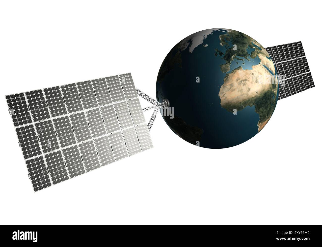 Planet Erde mit Solarpaneelen. Konzept nachhaltiger Energiequellen. Isoliert auf weiß Stockfoto