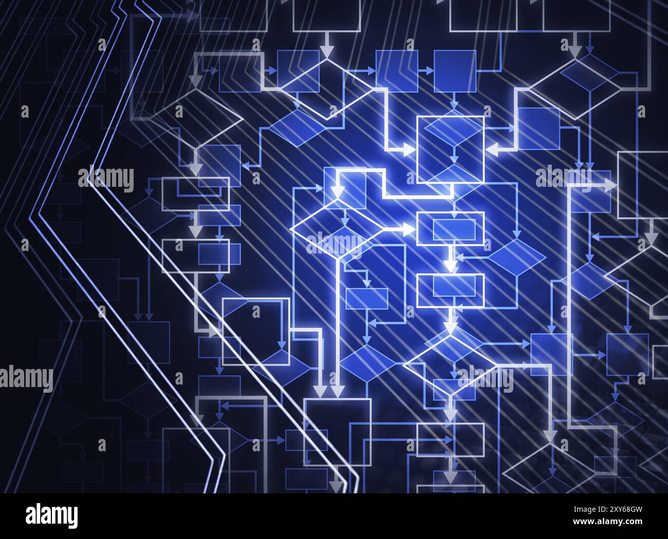 Abstraktes Flussdiagramm. Computerprogrammalgorithmus. Informationstechnischer konzeptueller Hintergrund in Blau Stockfoto