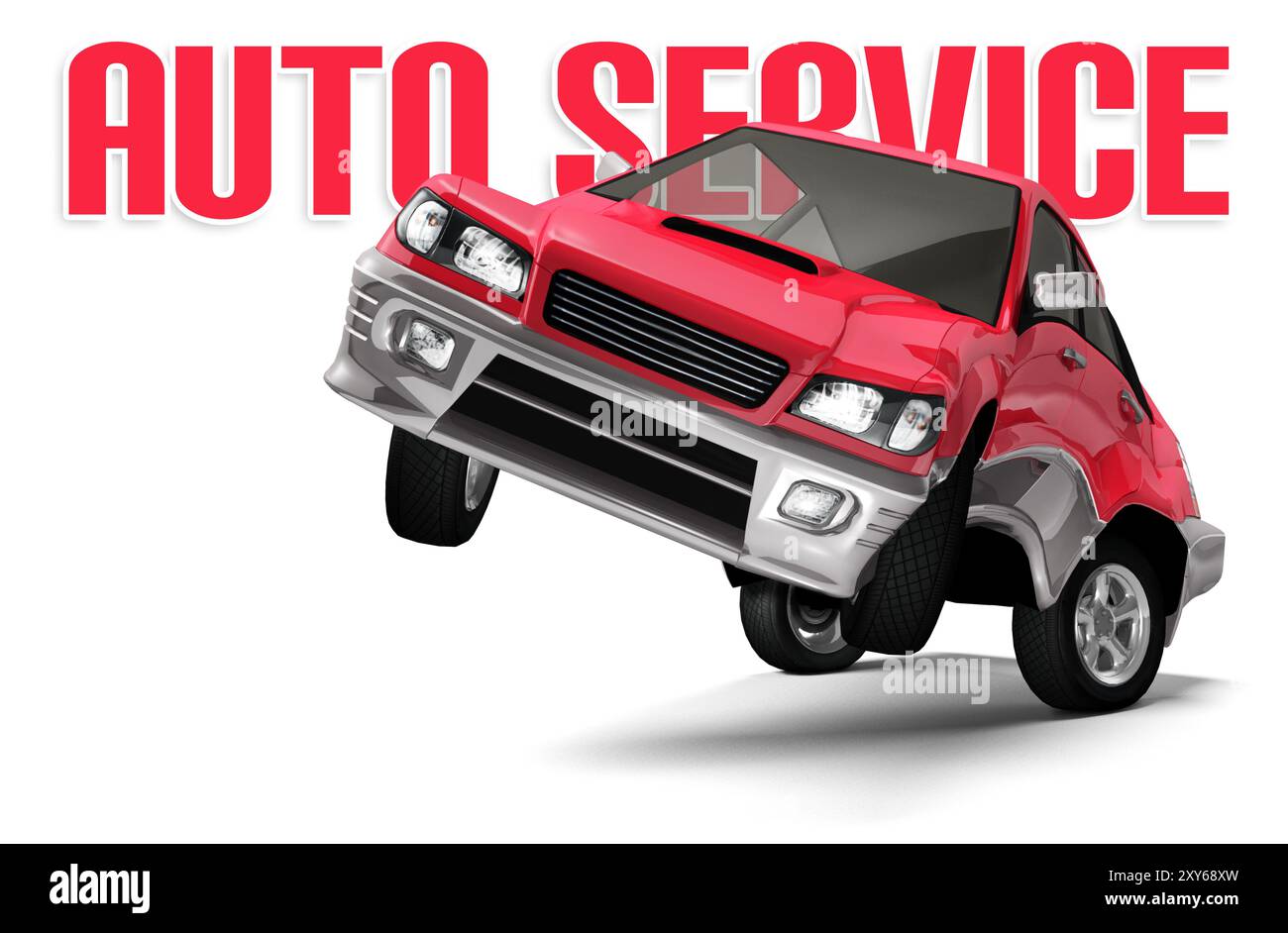 Konzeptionelle Darstellung des Auto-Service. Rotes Auto, das auf den Hinterrädern steht und der Kamera zugewandt ist. Isoliert auf weiß Stockfoto