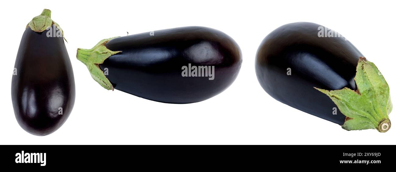 Drei schwarze Auberginen isoliert auf transparentem Hintergrund. Stockfoto