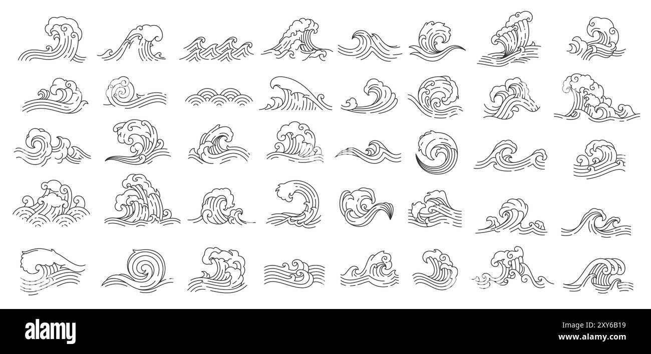 Asiatische japanische oder chinesische Meer- und Ozeanwellen-Ikonen, Vektor-dünne Linien-Kunstdekoration. Wellensymbol des Meerwassers und Gezeitensurfen mit Wellenplättchen für asiatische japanische oder chinesische Ornamente Stock Vektor