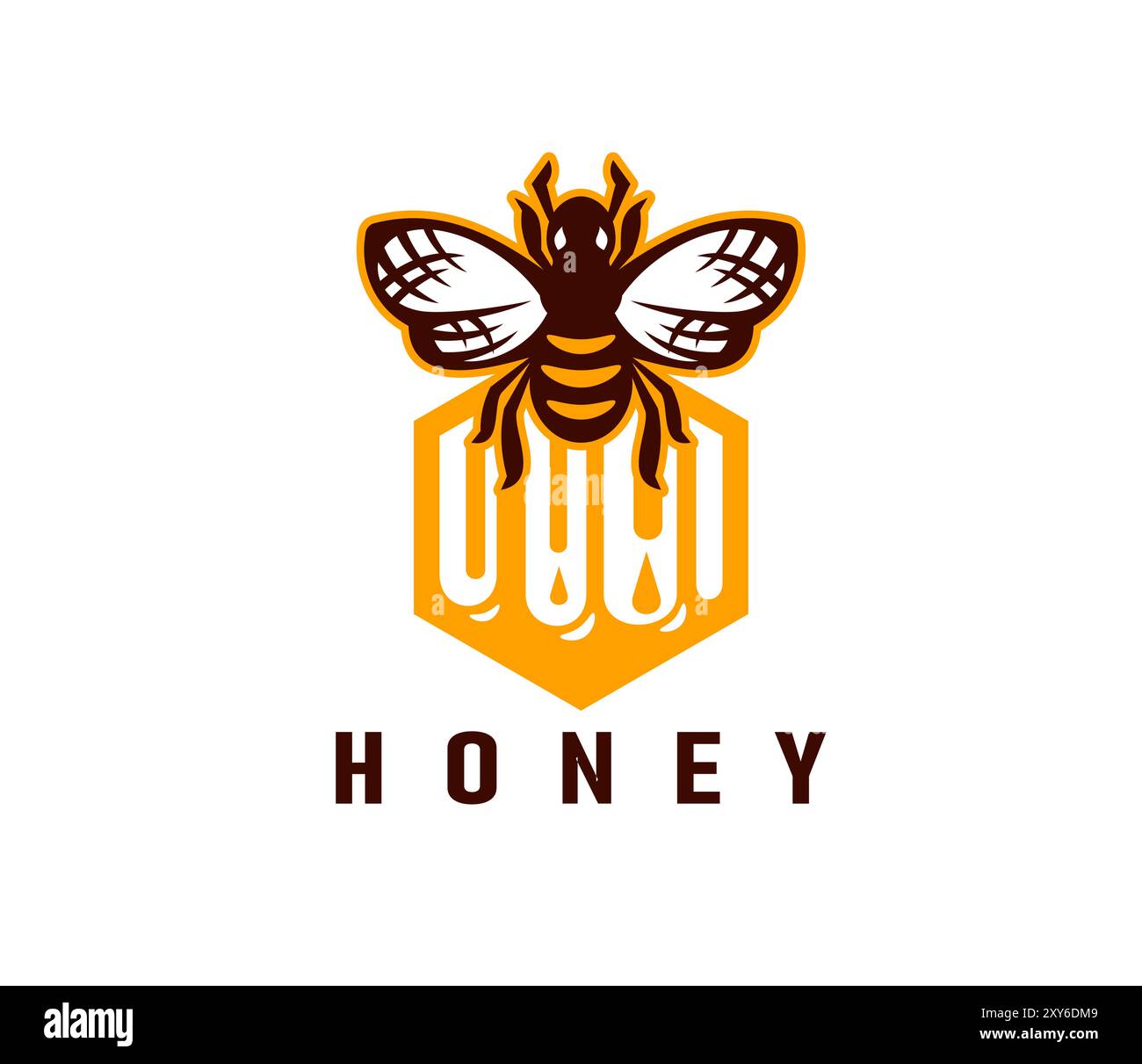 Honigbiene Icon für Imkerei und Imkereiprodukt Emblem, Vektor Honigbiene. Imker Farm und Bienenstock-Honig-Lebensmittelschild mit Biene auf Wabe für Becher- oder Verpackungsetikett und Bienenstockprodukte Stock Vektor