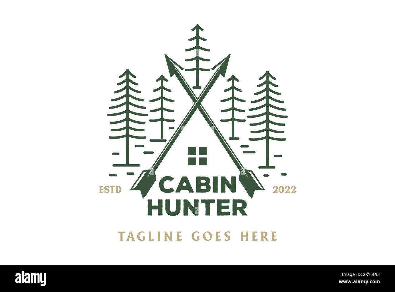Kiefer immergrüne Fichte Nadelholz Lärchenfische Wald mit Arrow House Chalet Hütte Hütte Cottage für Jagd Club Logo Design Stock Vektor
