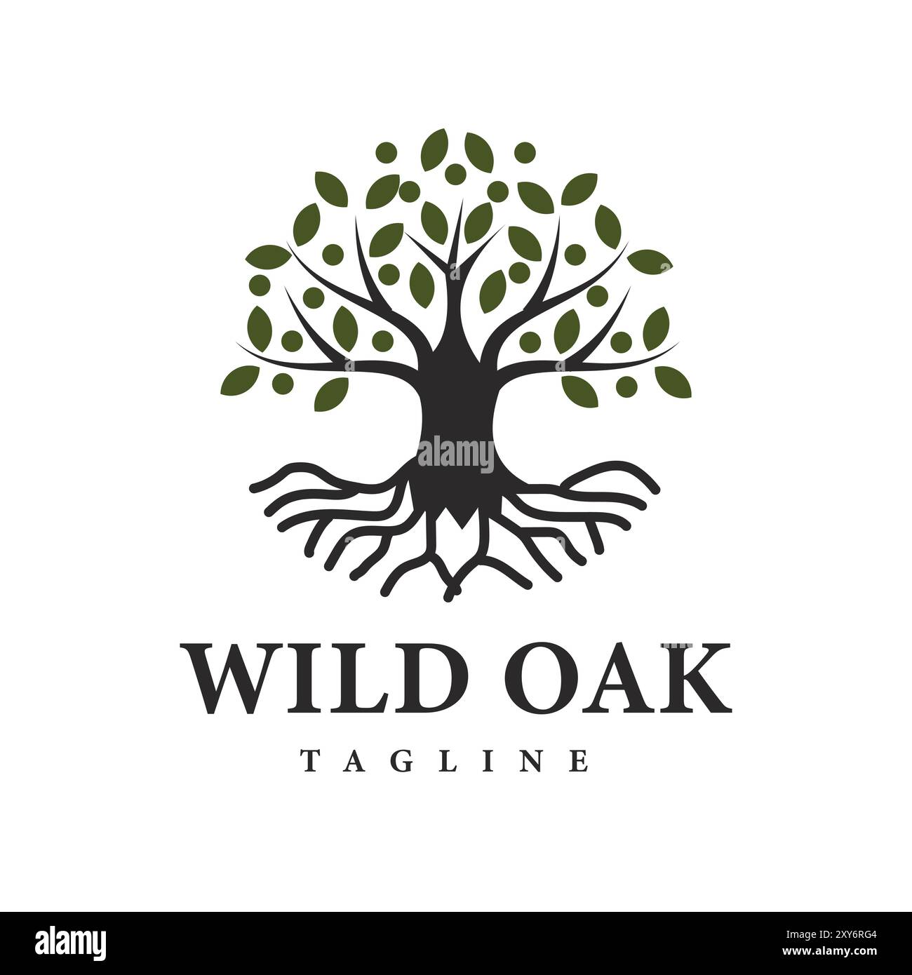 Wild Oak Logo Design einer robusten Eiche mit tiefen Wurzeln Stock Vektor