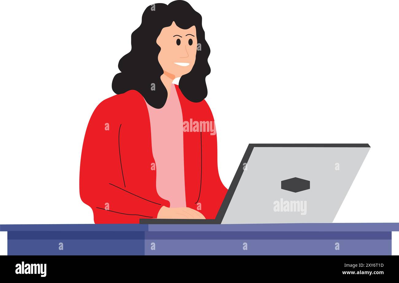 Frau, die mit einem Laptop auf einem Schreibtisch auf weißem Hintergrund arbeitet Stock Vektor