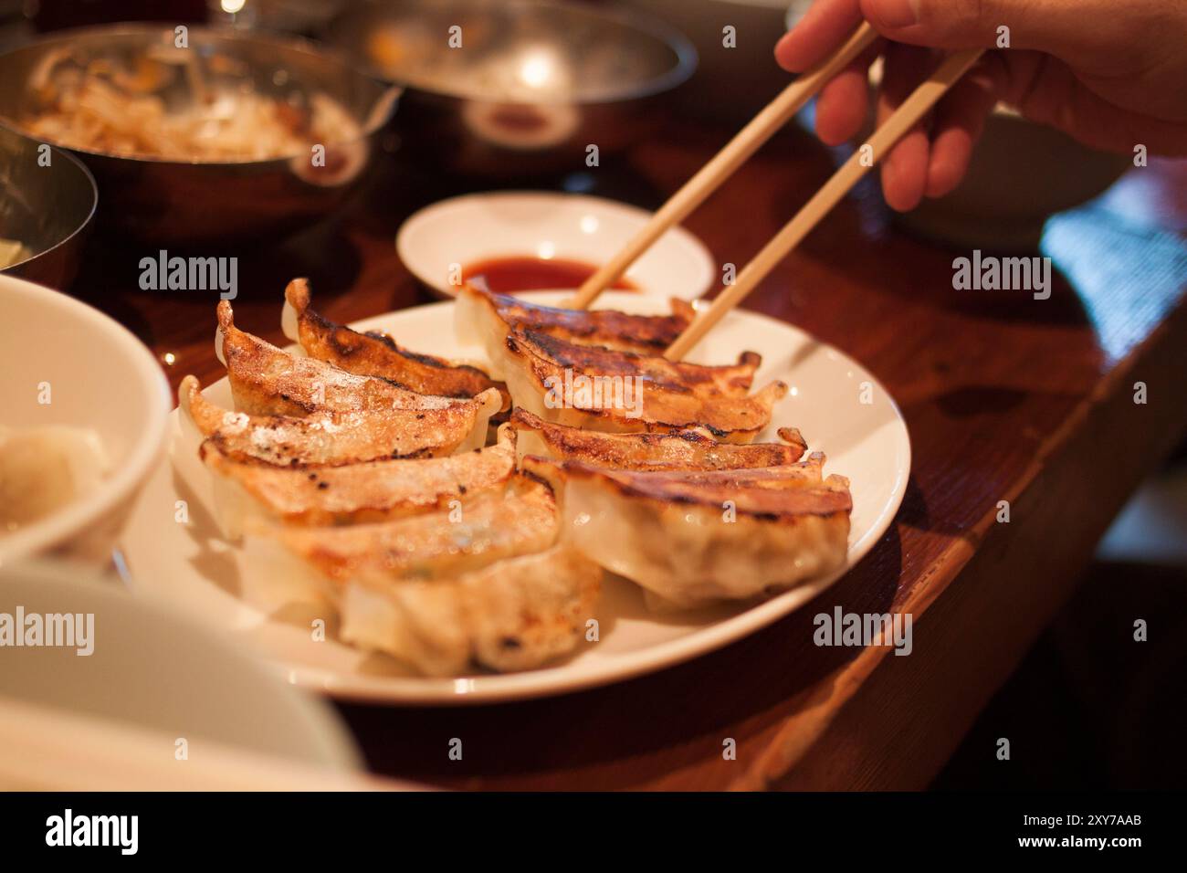 Knusprige japanische Gyoza-Knödel auf einem braunen Tisch, mit Reis, Tellern, Schüsseln, Essstäbchen in einem japanischen Restaurant in Tokio Stockfoto