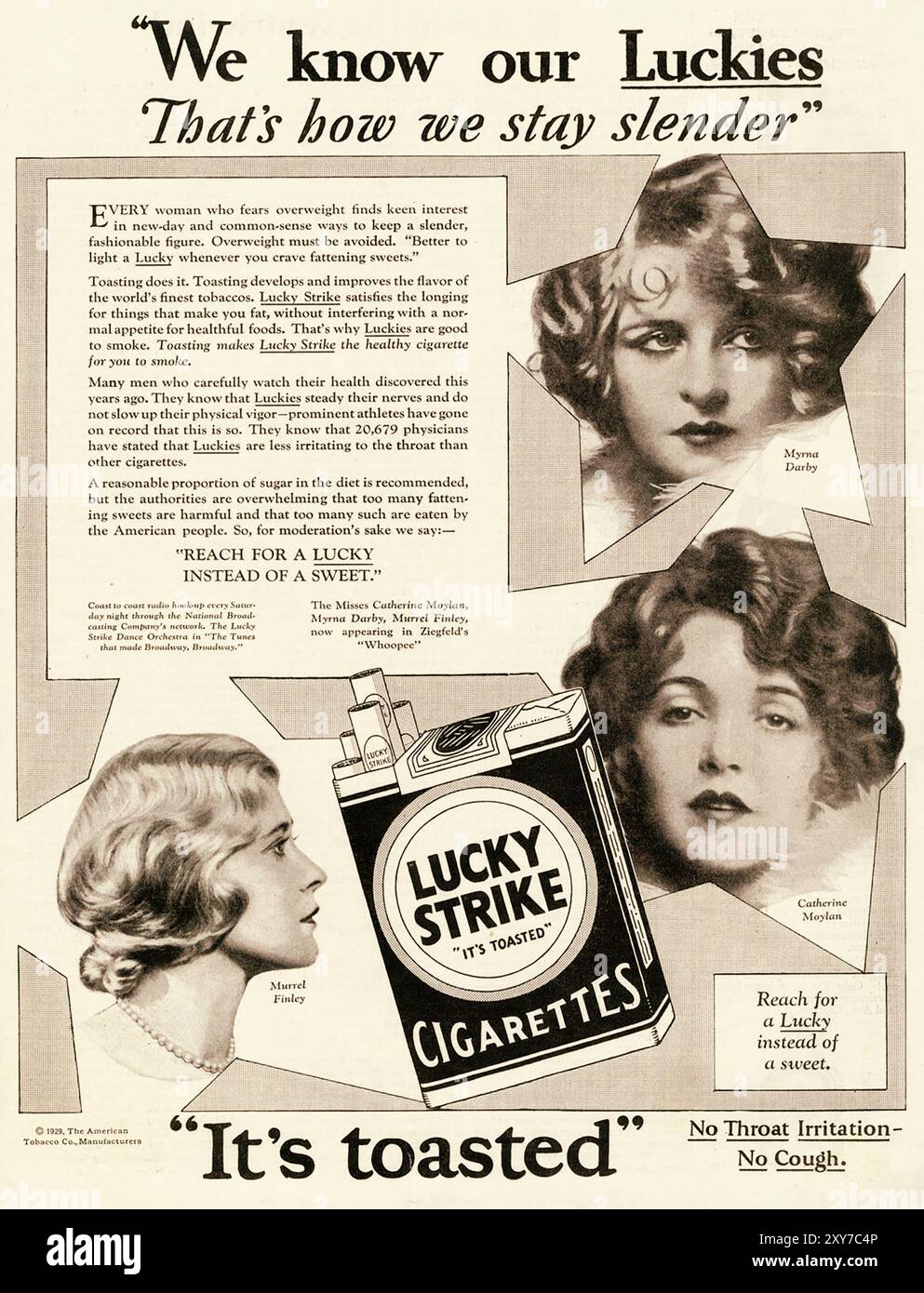 Werbespot für Lucky Strike Zigaretten mit den Showgirls Myrna Darby, Catherine Moylan und Muriel Finley, ca. 1928 Stockfoto