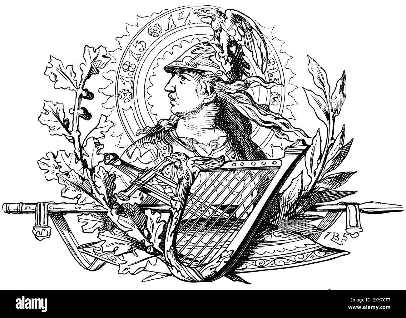 Symbole der Befreiungskriege 1813-14, Inschrift, Lorbeerblatt, Adler, Schwert, Harfe, Göttin des Sieges, Lanze, Preußen, historische Illustration 1 Stockfoto