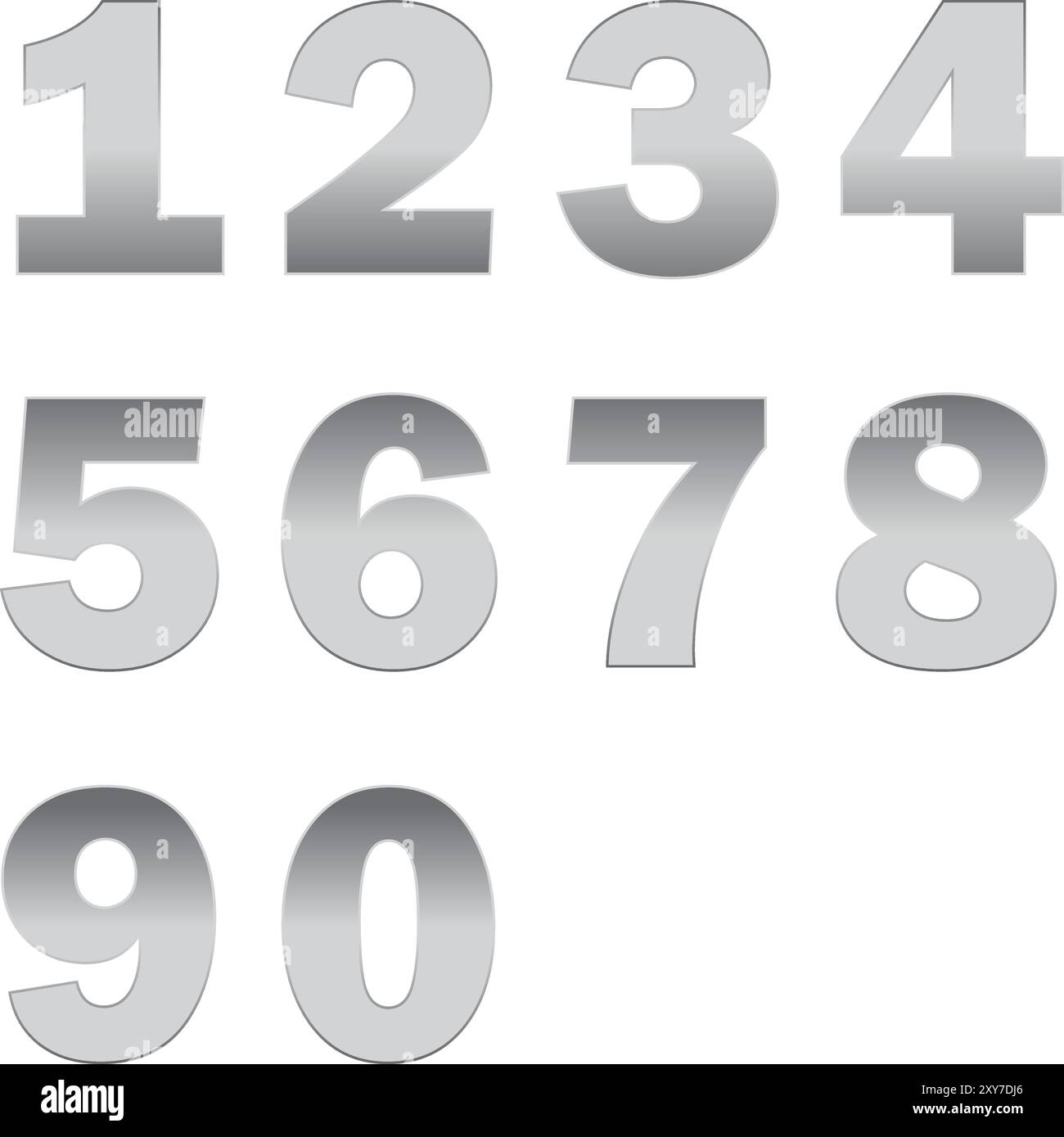 Silber Metall Zahl 1 bis 10, 1 bis 10 Zahl in Silber, Alphabet Zahl, Silber 1,2,3,4,5,6,7,8,9,0, Zahlen Null bis neun in Silber, Satz von Nu Stock Vektor