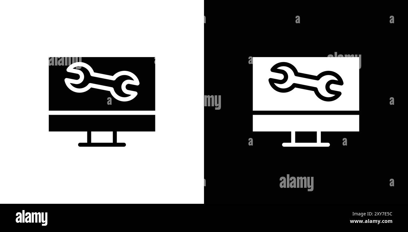 Reparatur des Laptop-Symbols in Schwarz-weiß. Einfacher flacher Vektor Stock Vektor