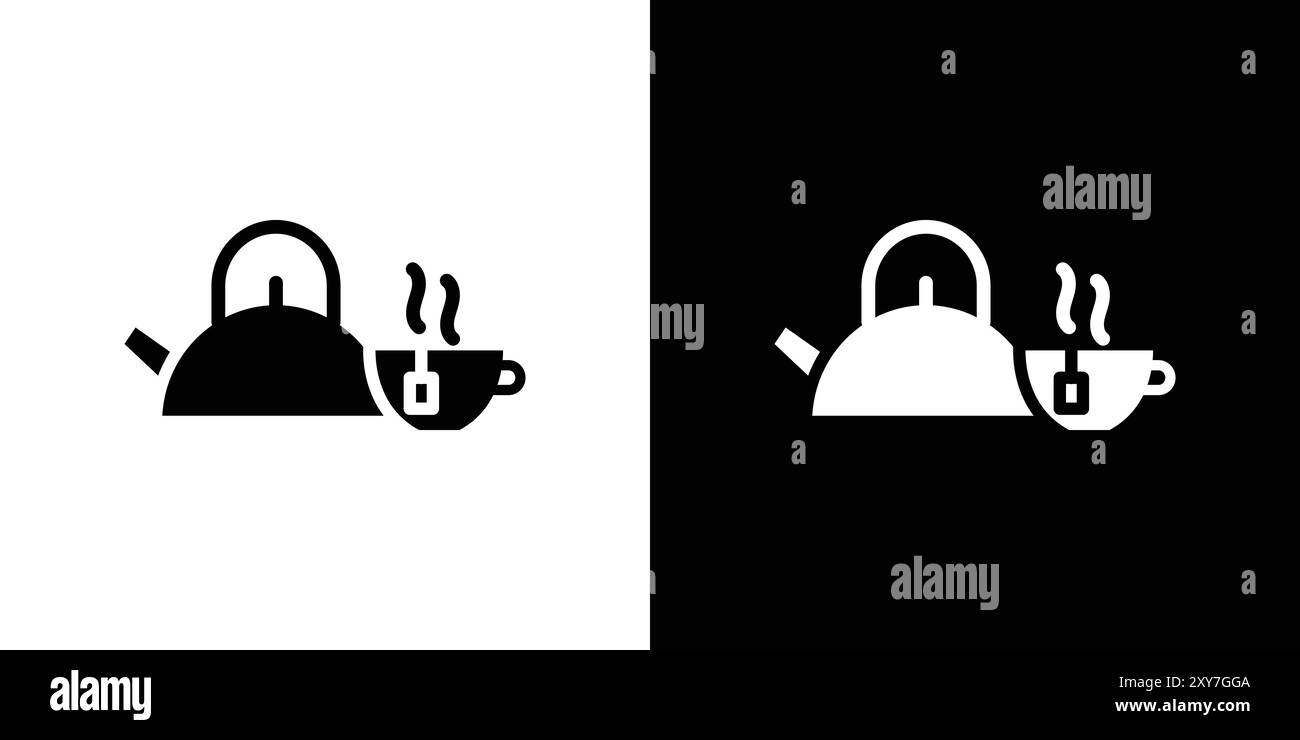 Teekanne mit Teebeutel auf der Tasse Symbol in Schwarz-weiß-Farbe. Einfacher flacher Vektor Stock Vektor