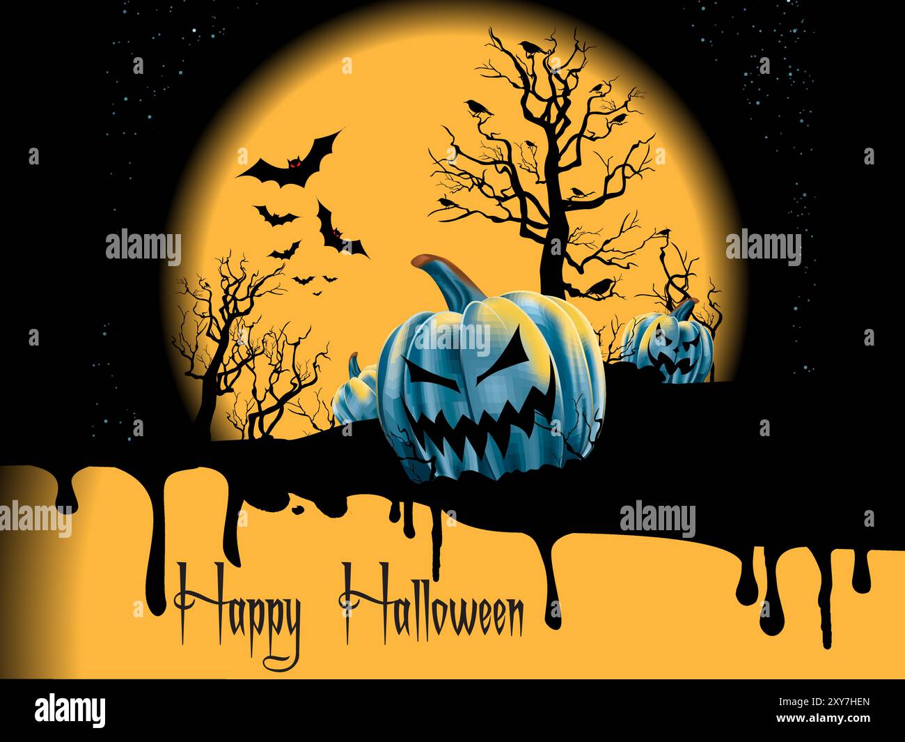 Ein Halloween-Poster mit Kürbissen und Fledermäusen. Das Poster hat einen dunklen Hintergrund mit einem Mond und Bäumen Stock Vektor