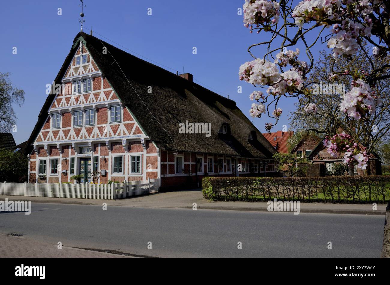 Europa, Deutschland, Niedersachsen, altes Land bei Hamburg, Steinkirchen an der Luehe, altes Fachwerkbauernhaus hinter dem Lueher Deich, künstlerischer Ziegelstein Stockfoto