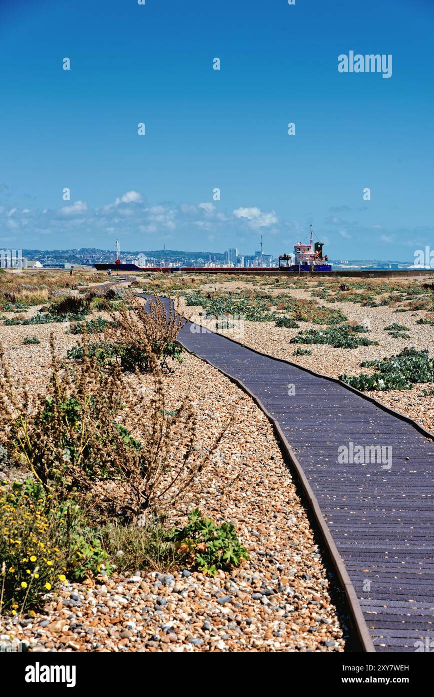 Ein kleines Frachtschiff, das an einem sonnigen Sommertag in den Hafen von Shoreham einfährt, West Sussex England Großbritannien Stockfoto