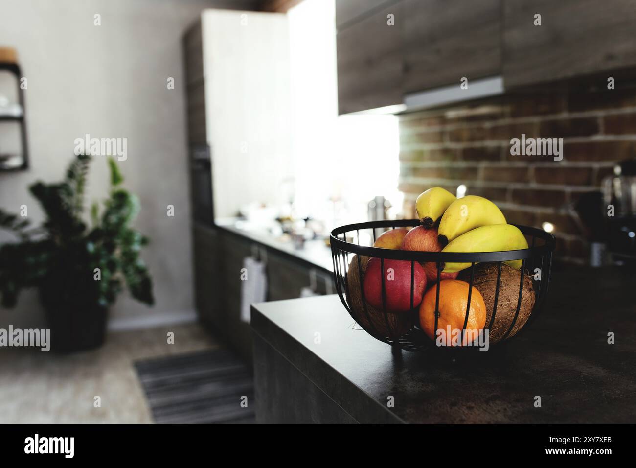 Tropische Früchte: Kokosnuss, Apfel, Mandarine, Orange, Banane in Obstschale auf der Bar in der stilvollen Loft-Küche. Unscharfer Hintergrund. Stockfoto