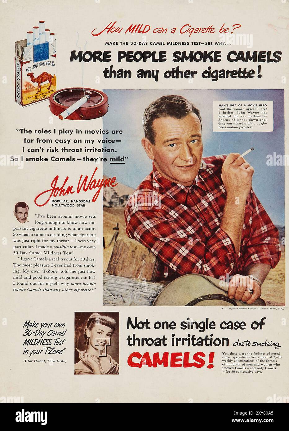 Hollywood-Star John Wayne (1950er). Werbung für Kamelzigaretten. Stockfoto