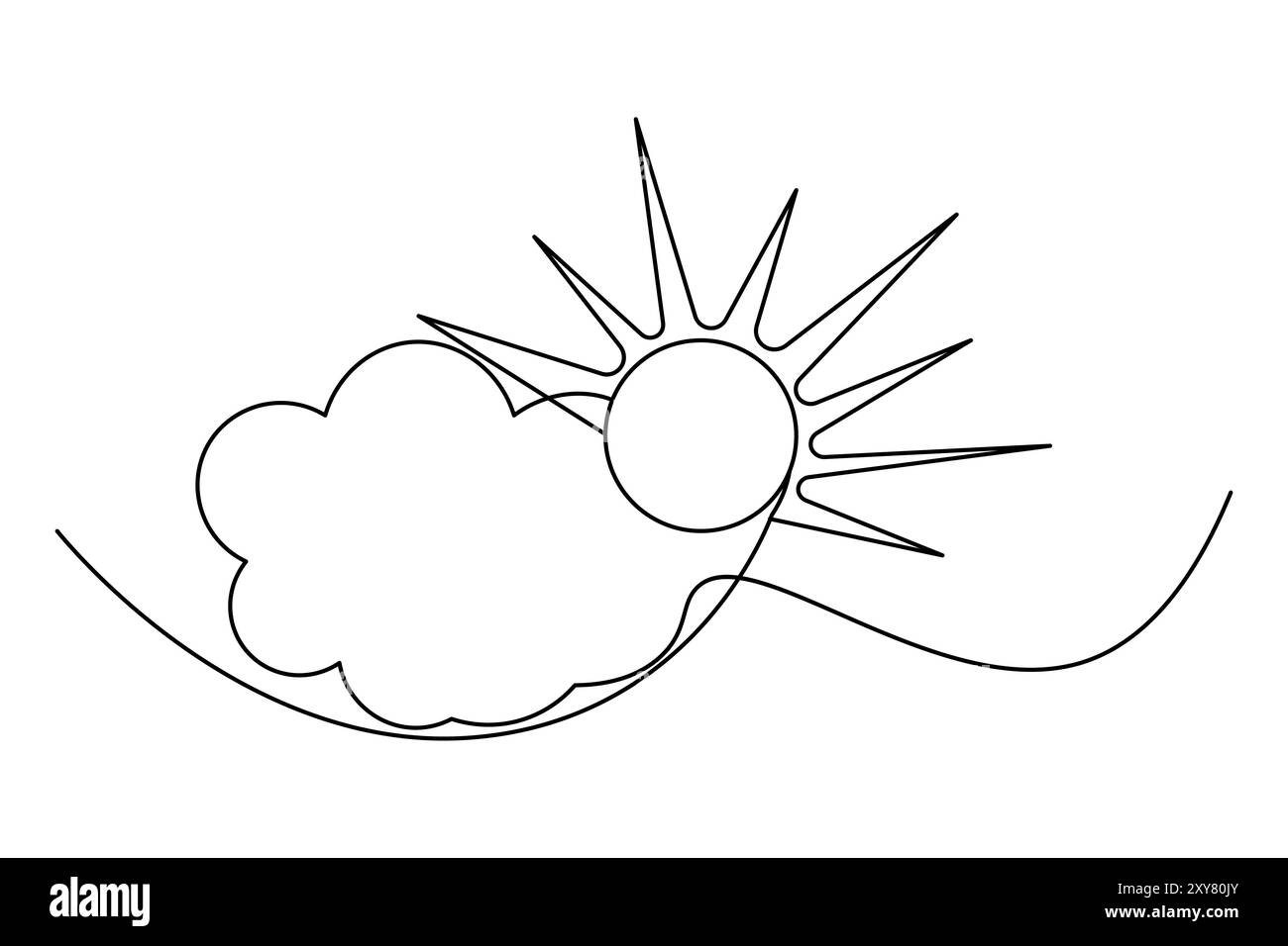 Sonne und Wolke durchgehende eine Linie Zeichnung des Symbols für isolierte Kontur-Silhouettenvektoren Stock Vektor