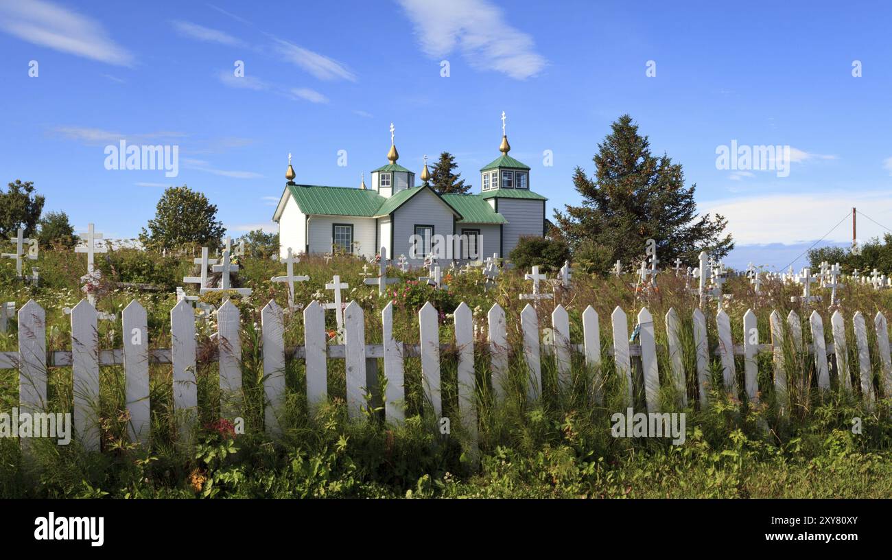 Die heilige Verklärung unseres Herrn Russisch-orthodoxe Kirche und Friedhof in Ninilchik, Kenai-Halbinsel Stockfoto