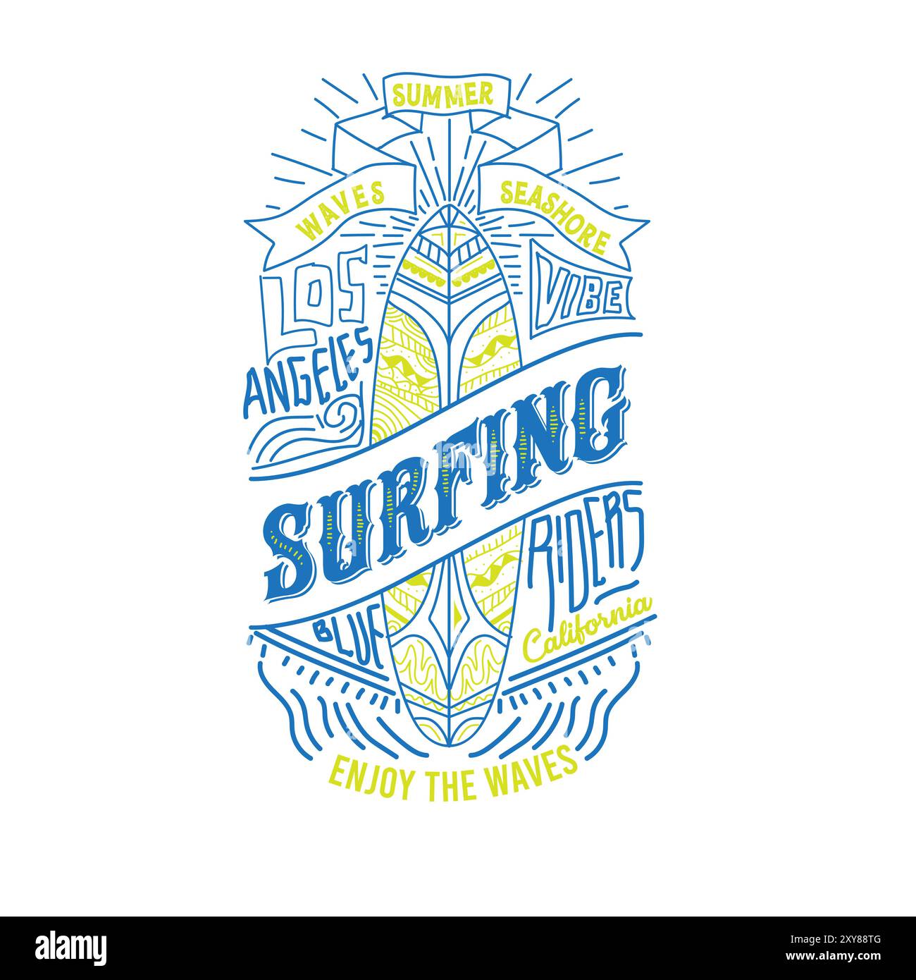 Surfreiter handgezeichnete Typografie mit Schriftzug für den Sommer am Strand Stock Vektor