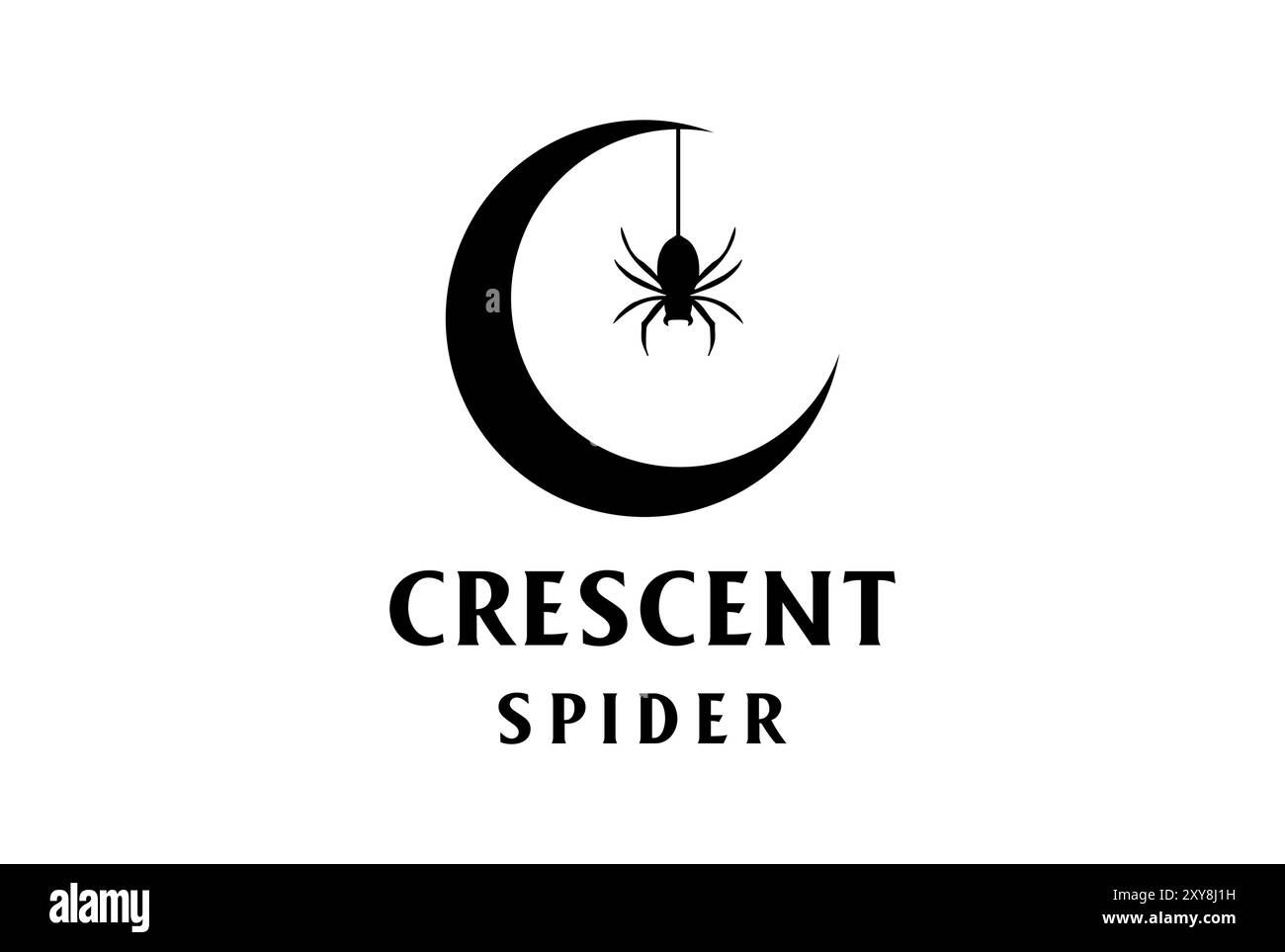 Schlichter Halbmond mit aufgehängter schwarzer Spider Widow Tarantula-Silhouette-Logo Stock Vektor