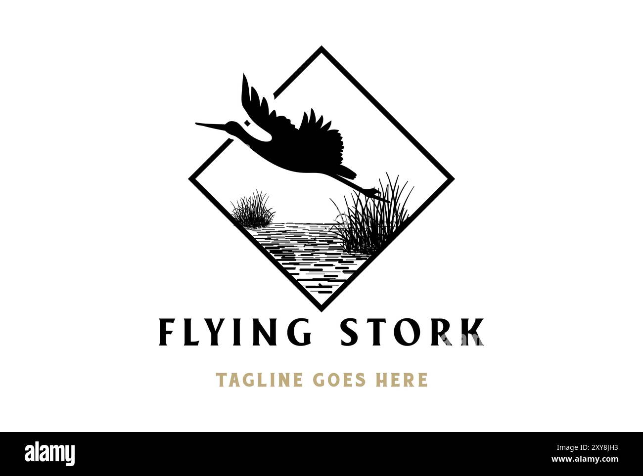 Square Flying Stork Heron Silhouette Vogel mit Grass River Creek Lake Swamp Logo Design Vektor Stock Vektor