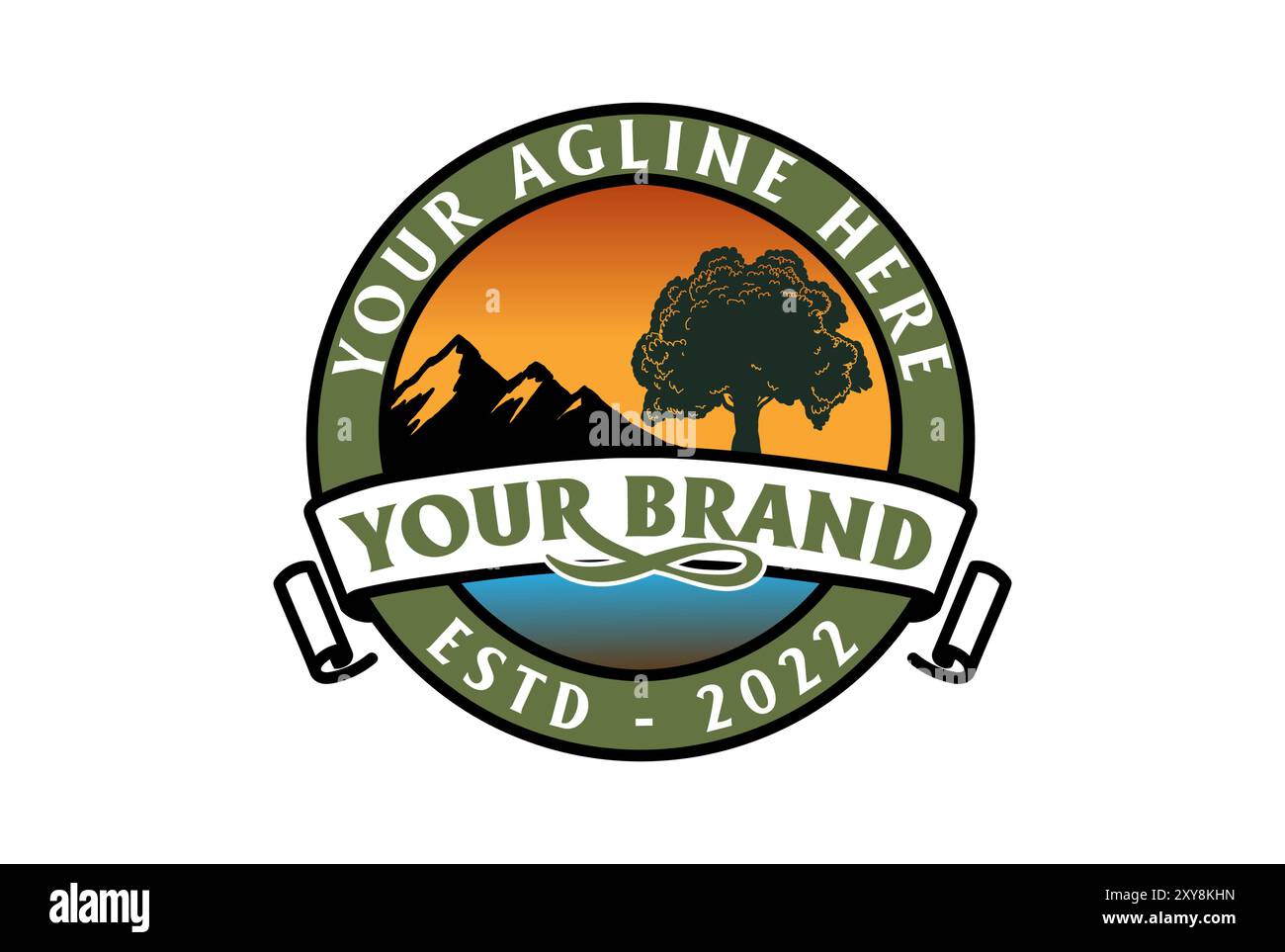 Retro Vintage Eiche Banyan Tree Forest mit Mountain Hill Abzeichen Emblem Label Logo Design Vektor Stock Vektor